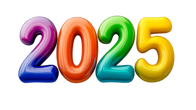 2025 in 3D, multi-colored, transparent background, png format
