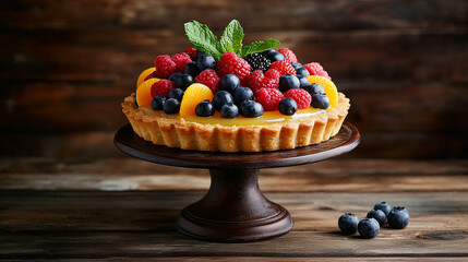 Delicious Fruit Tart on Wooden Cake Stand  Fresh Raspberries  Blueberries  and Lemon Tart