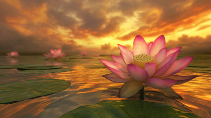 Pink Lotus Flower Sunset Water Lily Pond Nature Photography