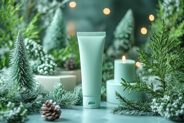 A close-up of a skincare product tube, set amidst frosted pine branches and candles, creating a festive, winter-themed setting with soft lighting.