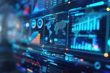 Obraz premium Digital Interface with World Map and Data Visualizations