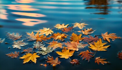 穏やかな湖面に浮かぶ紅葉の葉が静かに反射し、美しい影を水面に描く瞬間。風のない静寂の中で色とりどりの葉が映り込み、神秘的な風景が心を打つ