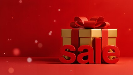 christmas gold gift box and letters SALE over gold gift box with red bow, red festive background
