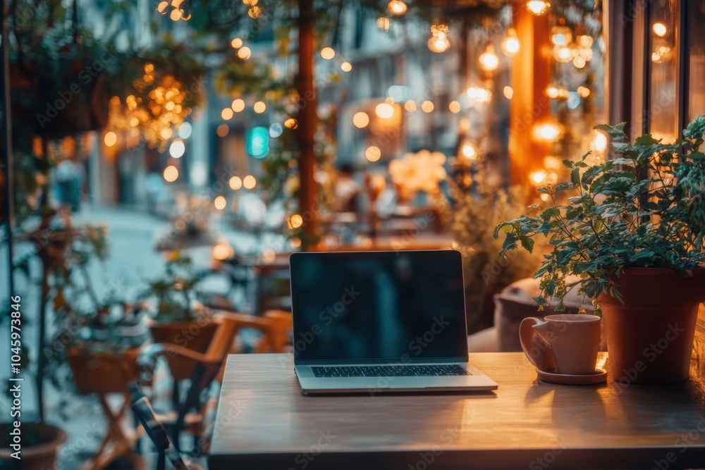 Poster A laptop rests on a wooden table beside a coffee cup in a warmly lit café adorned with greenery and bright lights during twilight. Generative AI