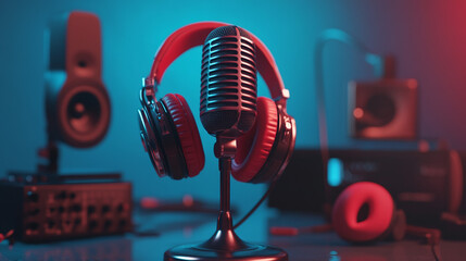 Retro Microphone and Headphones with Neon Lights for Music Production Studio