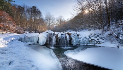 氷と雪に包まれた小さな滝、冬の静かな水の流れを感じる景色