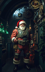 A man dressed as a santa claus standing in a room with a christmas tree