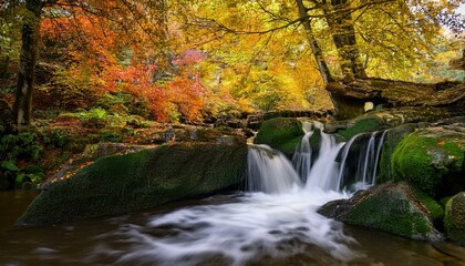 紅葉の中に響く滝の音、色彩豊かな秋の風景
