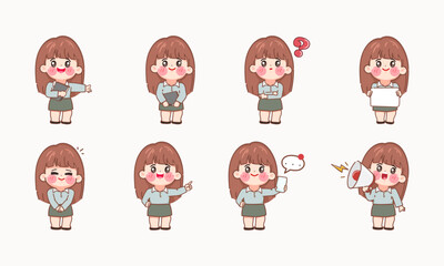 Set of hand drawn businesswoman character in job design difference gesture pose. illustration vector premium.
