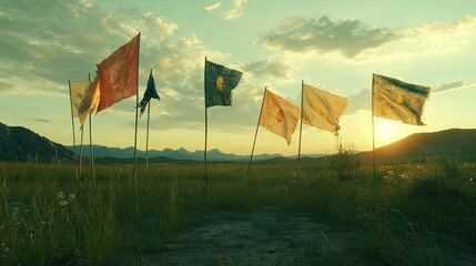 A dynamic shot of flags waving in the wind, surrounded by a peaceful landscape