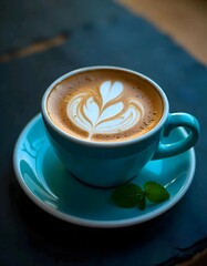Fototapeta premium close-up of a cup of coffee with latte art depicting flowers, on a dark slate surface, adorned with a few sprigs of mint