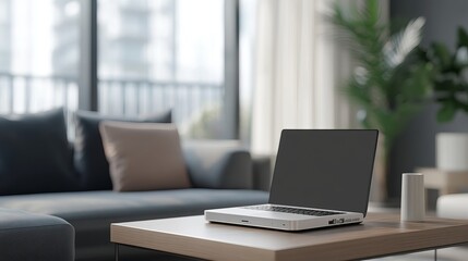 Fototapeta premium Internet Router And Laptop On Coffee Table In Modern Living Room With Blurred Background