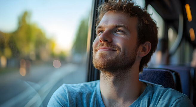 A man rides on a bus and looks out the window with a smile. The concept of travel in public transportation. .