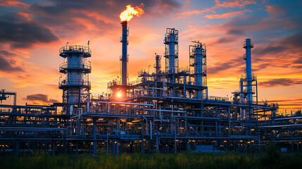 Fototapeta premium Industrial Refinery Silhouette at Sunset with Flare Stack