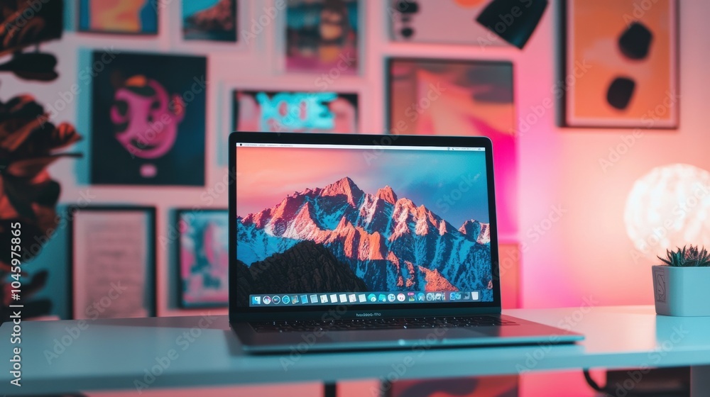 Aufkleber a sleek laptop rests on a minimalist desk, surrounded by vibrant wall art and unique lighting, creat