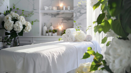 A white room with a massage table and a bunch of white towels