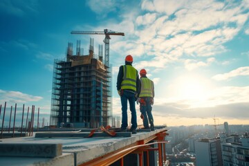 Specialized team inspects a commercial industrial site under construction during sunset in an urban area