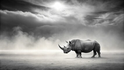 Fototapeta premium Solitary rhinoceros in misty landscape
