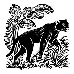 Puma in Jungle &ndash; Black and White Big Cat Illustration with Tropical Plants &yen;