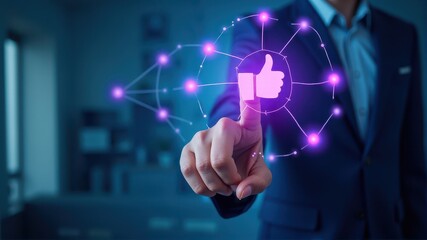 Fototapeta premium A businessman in a dark suit interacts with a glowing digital thumbs-up hologram, symbolizing social media engagement and online approval.
