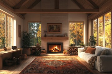 rustic bungalow decor, warm bungalow featuring wooden beams, a spacious fireplace, and cozy autumn decorations