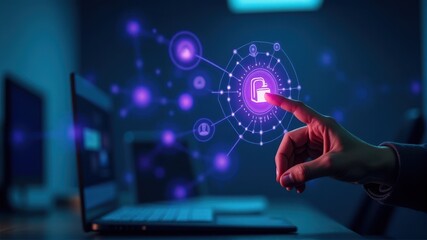 Fototapeta premium A hand interacts with a digital touchscreen displaying an open padlock icon symbolizing cybersecurity access on a dark blue background.