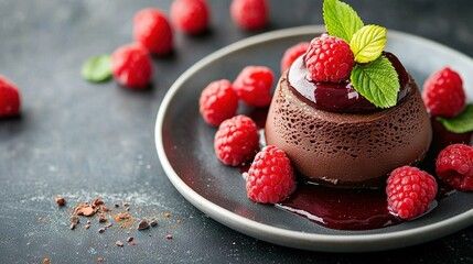  A chocolate dessert featuring mint leaves and fresh raspberries arranged on a plate with additional raspberry accents