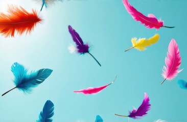 Many flying fluffy multi-colored feathers on a light blue background