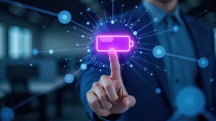 A person in a suit interacts with a digital battery icon, symbolizing technology and innovation in energy solutions.