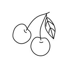 Simple line drawing of two cherries with a leaf on a minimalist background
