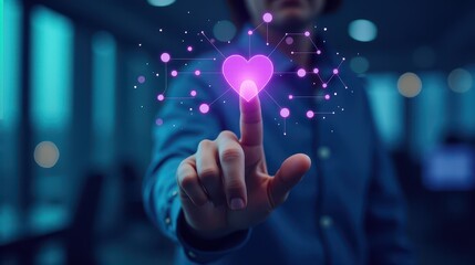 Futuristic technology concept showing a person touching a holographic digital heart icon with a neon glow in a modern office setting.