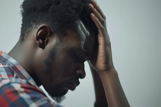 Stressed young African American man coping with emotional distress while sitting in a calm indoor environment during the day