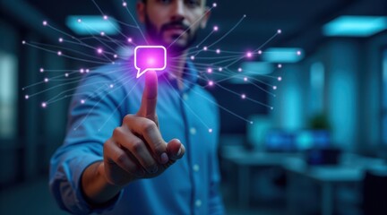 A man in an office touches a glowing speech bubble hologram, symbolizing modern communication and technology interaction.