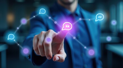 Businessman interacting with virtual chat icons in a network concept, symbolizing digital communication and technology innovation.