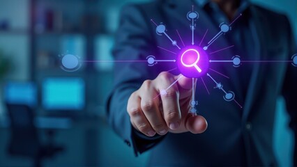 A businessman interacts with a futuristic digital search interface in an office setting, symbolizing innovation in technology and communication.