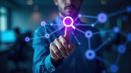 Fototapeta premium A person in a blue shirt interacts with a digital search icon, symbolizing network connectivity and technology.