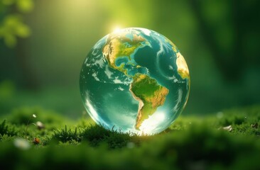 Glowing glass planet earth on green natural background, ecology concept