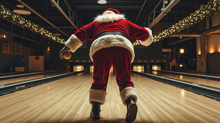 A man dressed as Santa Claus bowling in a bowling alley