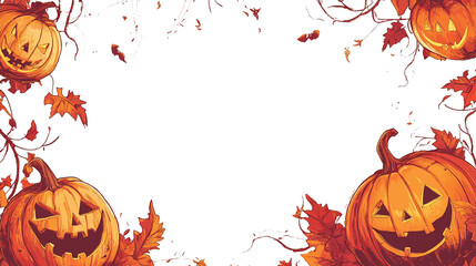 Halloween Pumpkin Jack O Lantern Frame with Autumn Leaves