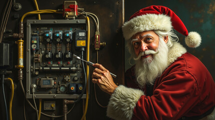 A man in a santa claus outfit is working on an electrical panel