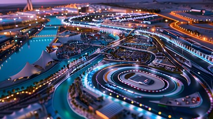 An aerial view of a race track at night, with lights illuminating the track and a crowd gathered around the start/finish line.