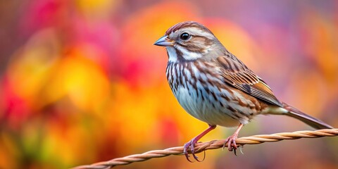 Song sparrow perching on thin branch with colorful background Close-Up