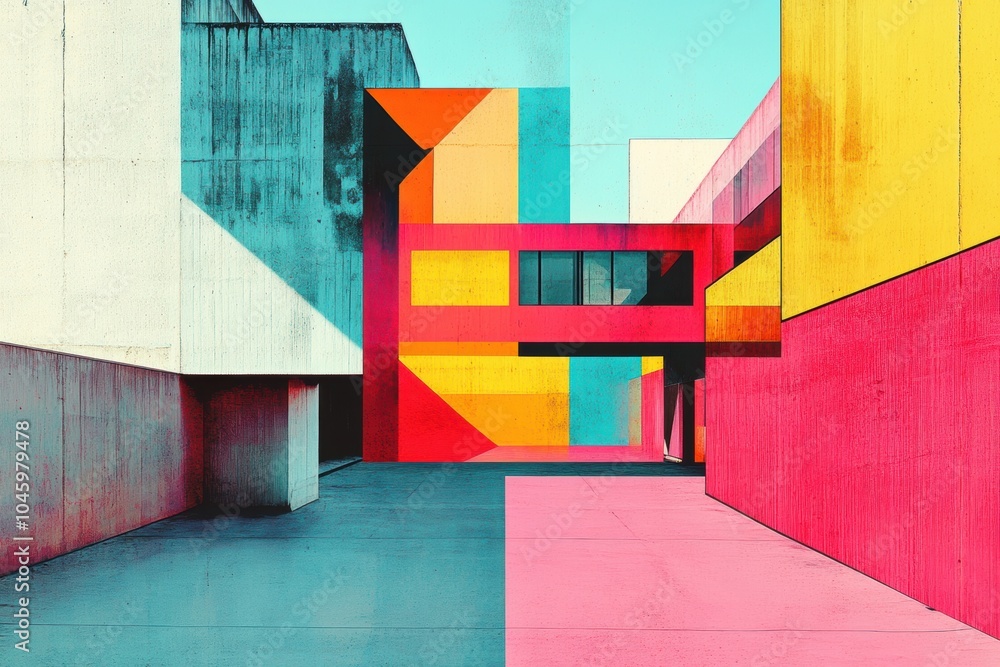 Poster postmodern architecture art, a dynamic composition featuring postmodern architecture, diverse shapes