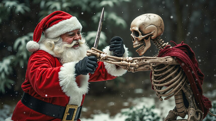 A skeleton holding a sword next to a skeleton dressed as Santa Claus