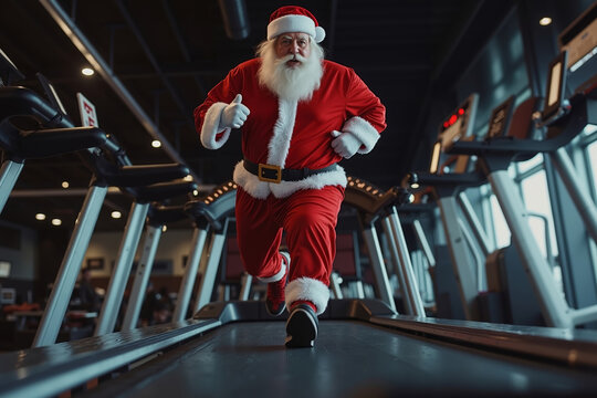 A man dressed as Santa Claus running on a treadmill in a gym