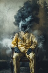 Obraz premium A mysterious figure wearing yellow is engulfed in smoke, sitting in a vintage, eerie setting with shadows.