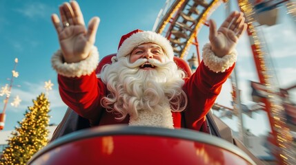 A man dressed as Santa Claus riding a roller coaster at a theme park