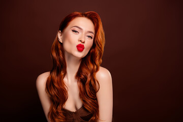 Photo of gorgeous rich classy fancy lady send sweet kiss isolated on brown color background