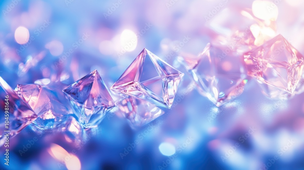 Leinwandbilder Glowing geometric icy crystals create an enchanting display with reflections shimmering in various colors on a tranquil blue backdrop. Generative AI