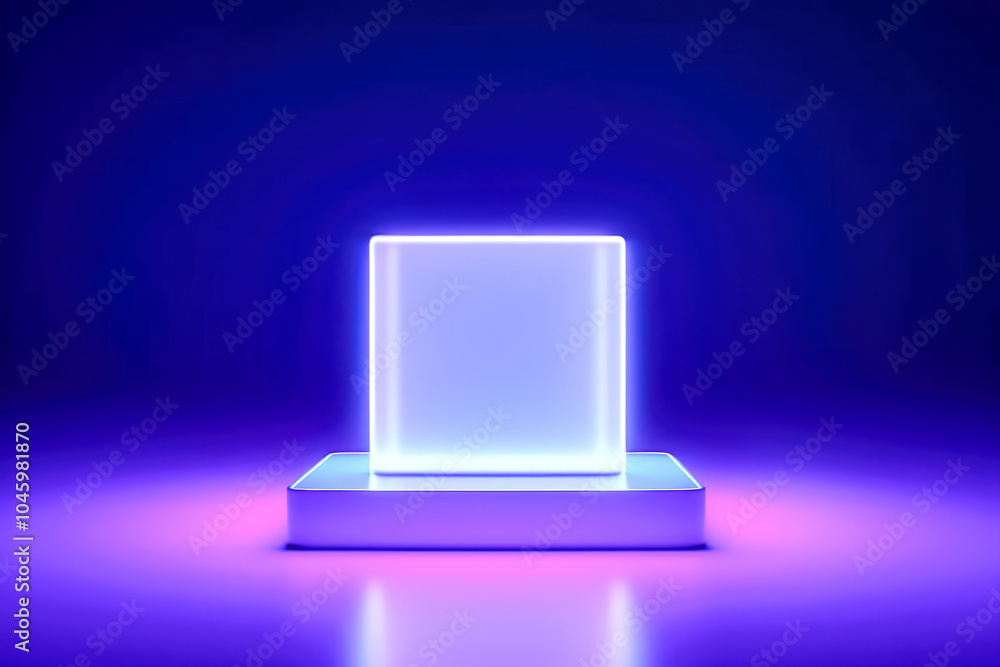 Poster purple cube is lit up with neon lights. the cube is on top of a stack of three other cubes. the cube